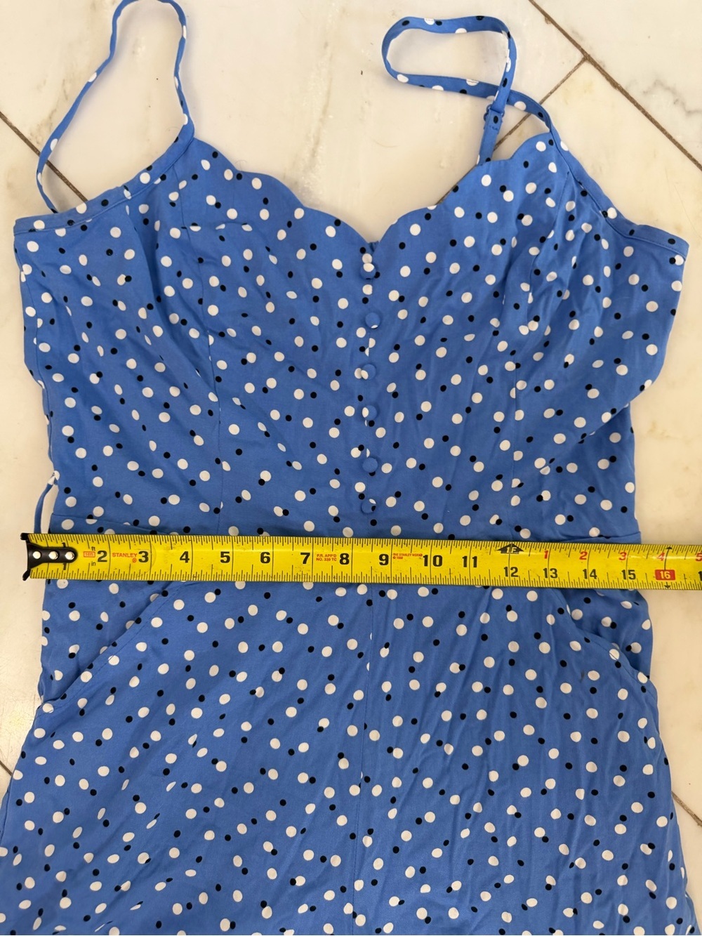 Market & Spruce Women’s Large scalloped neckline light blue polka dot romper - Picture 7 of 9